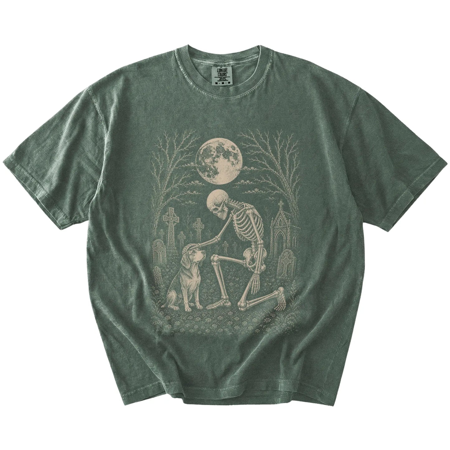 Beagle sharing a quiet cemetery moment with a friendly skeleton on a Moss Comfort Colors® T-shirt