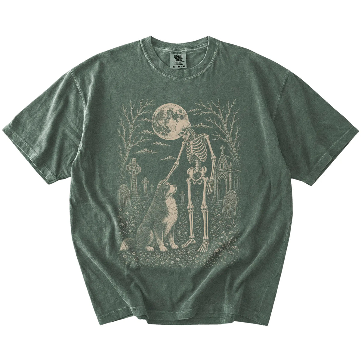 Bernese Mountain Dog sharing a quiet cemetery moment with a friendly skeleton on a Moss Comfort Colors® T-shirt