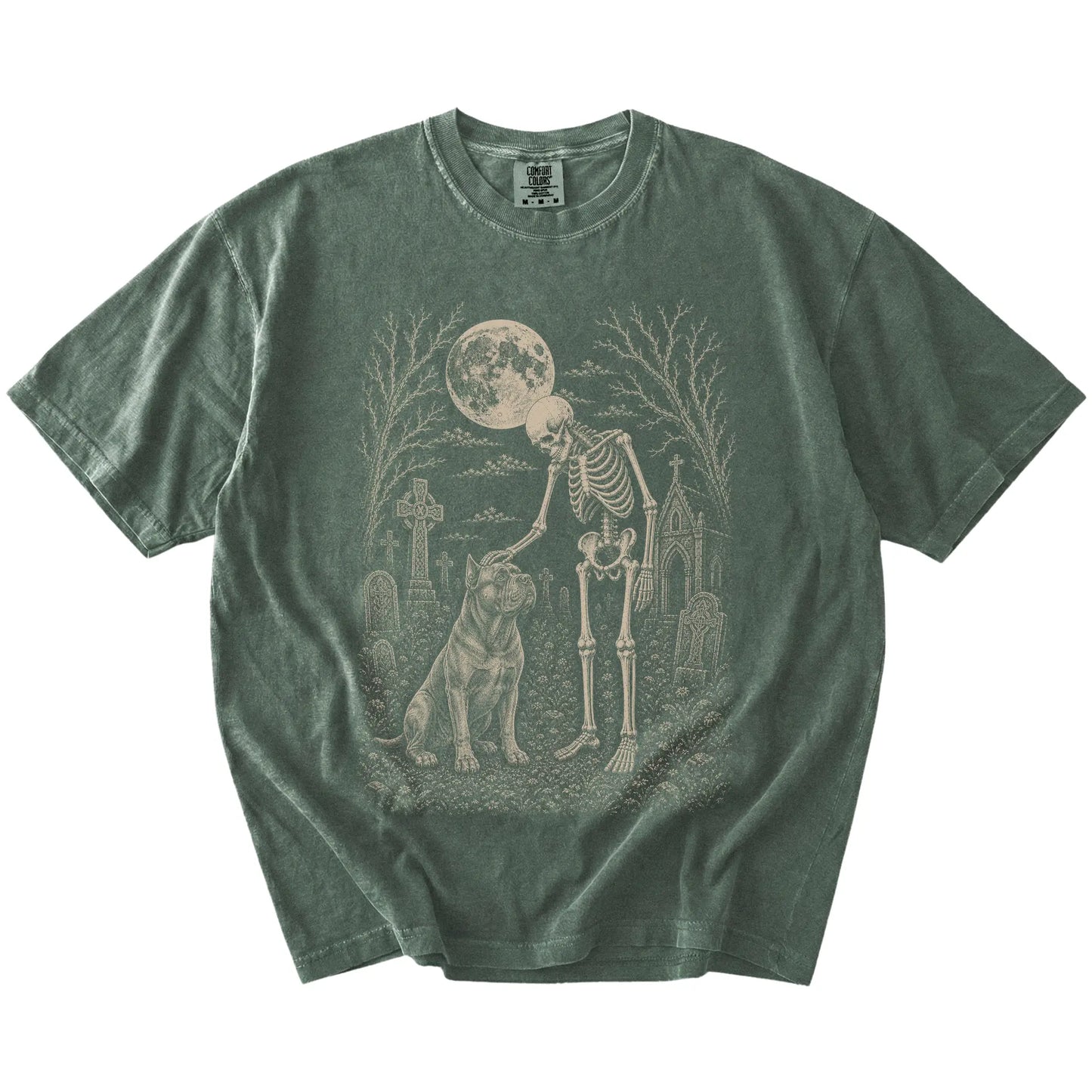Cane Corso sharing a quiet cemetery moment with a friendly skeleton on a Moss Comfort Colors® T-shirt