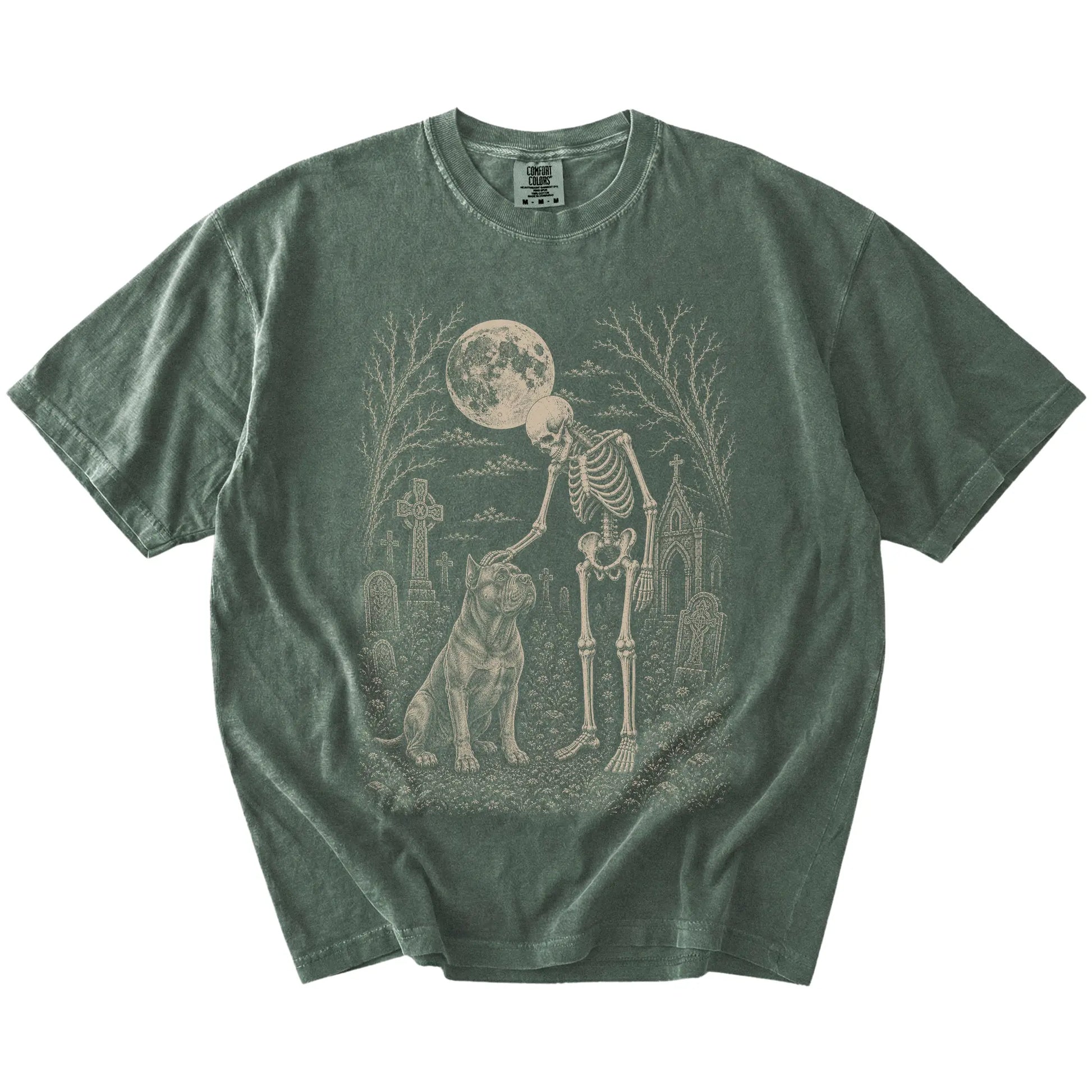 Cane Corso sharing a quiet cemetery moment with a friendly skeleton on a Moss Comfort Colors® T-shirt