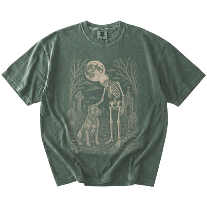 Cane Corso sharing a quiet cemetery moment with a friendly skeleton on a Moss Comfort Colors® T-shirt