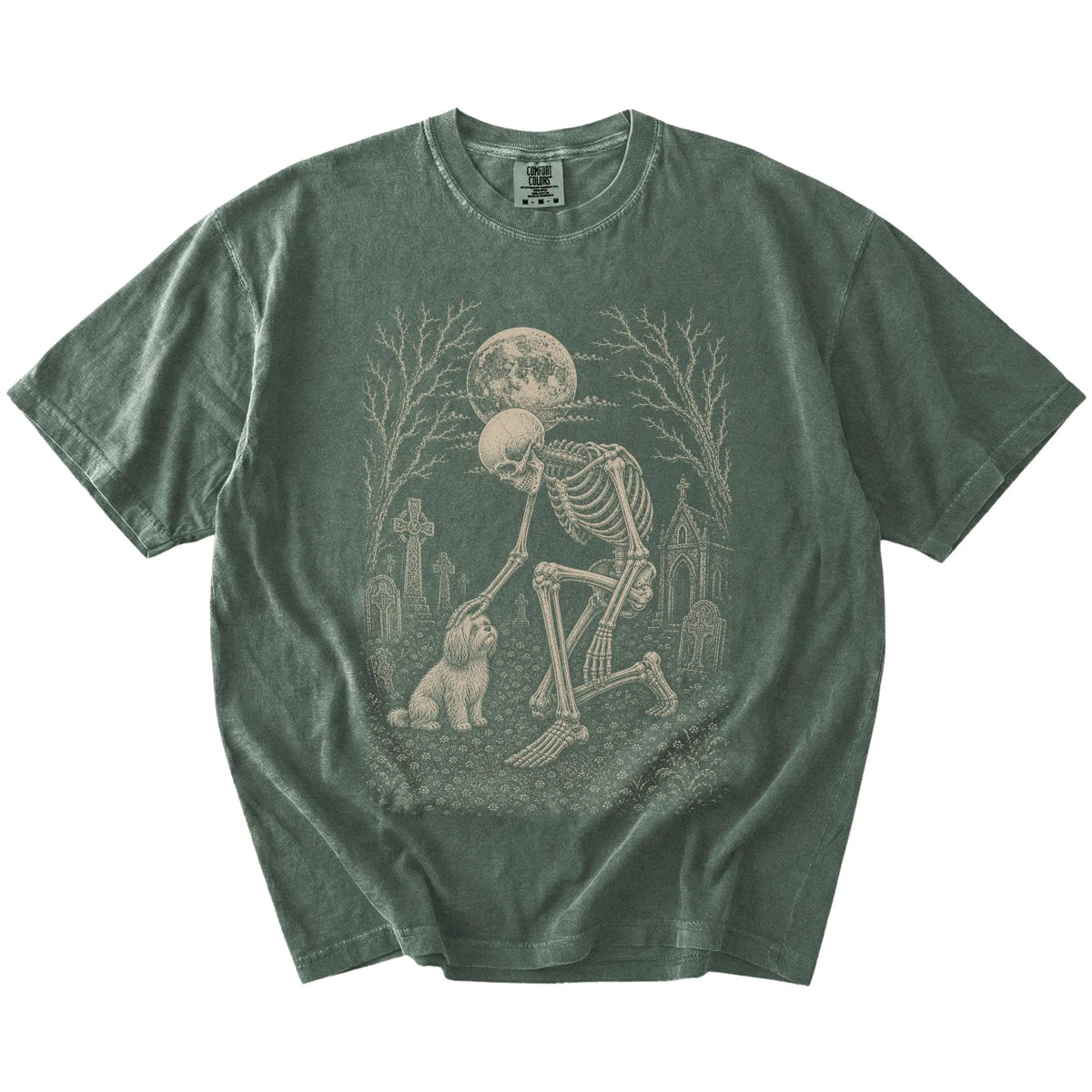 Havanese sharing a quiet cemetery moment with a friendly skeleton on a Moss Comfort Colors® T-shirt