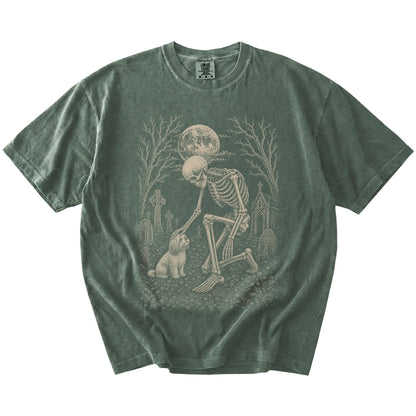 Havanese sharing a quiet cemetery moment with a friendly skeleton on a Moss Comfort Colors® T-shirt