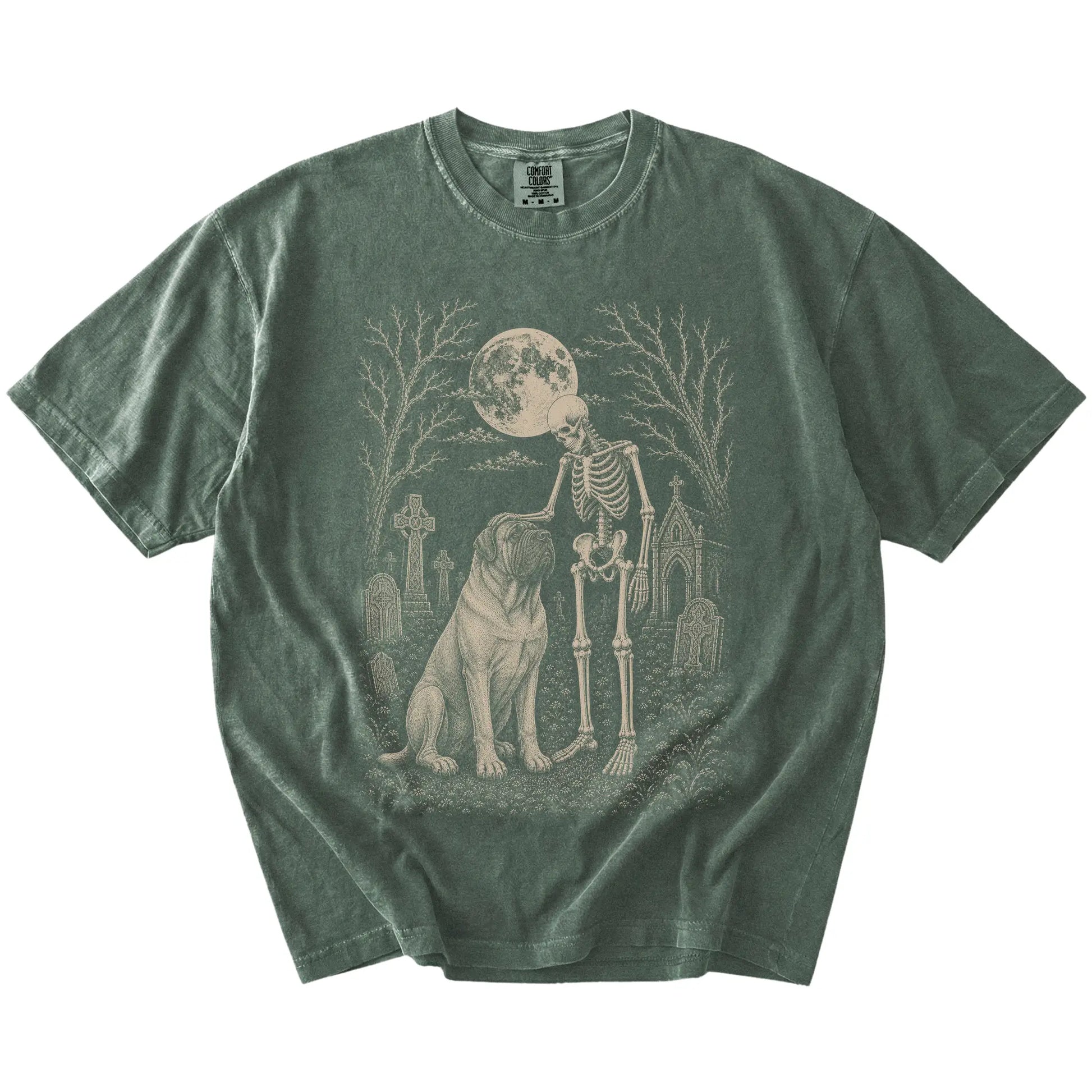 Mastiff sharing a quiet cemetery moment with a friendly skeleton on a Moss Comfort Colors® T-shirt