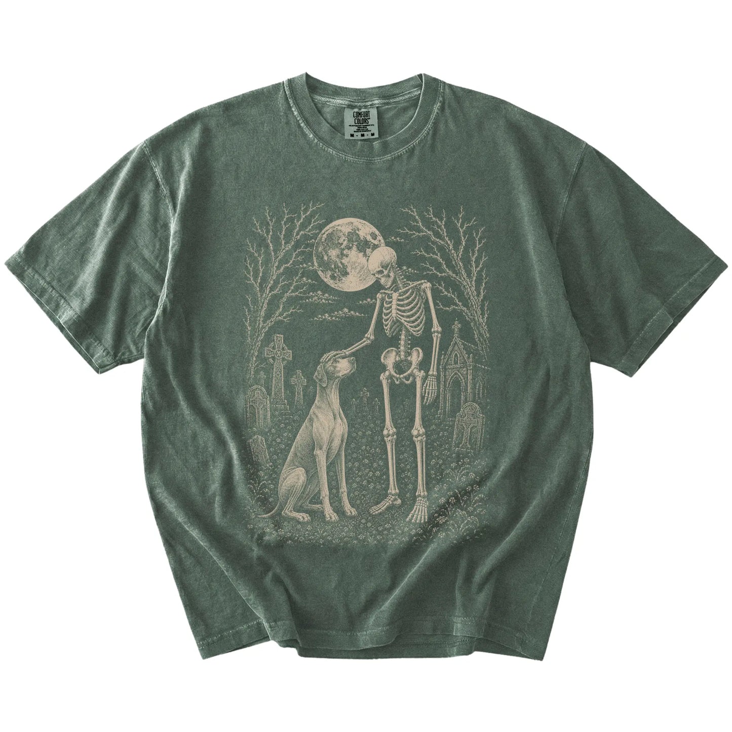 Pointer sharing a quiet cemetery moment with a friendly skeleton on a Moss Comfort Colors® T-shirt
