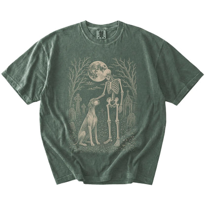 Pointer sharing a quiet cemetery moment with a friendly skeleton on a Moss Comfort Colors® T-shirt