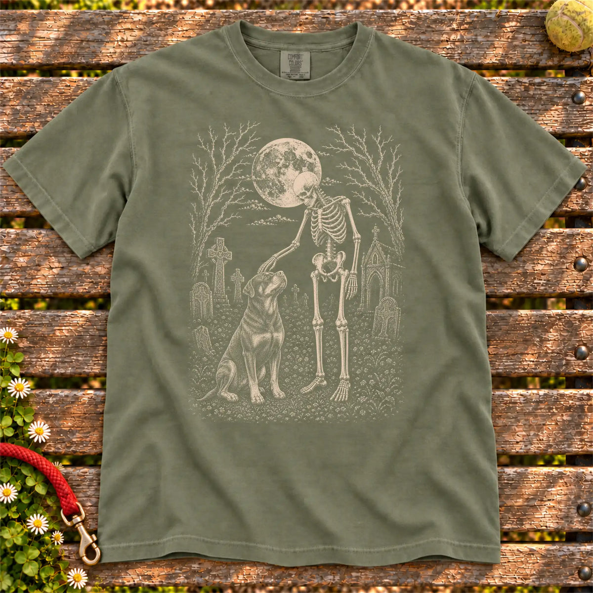Rottweiler sharing a quiet cemetery moment with a friendly skeleton on a Moss Comfort Colors® T-shirt