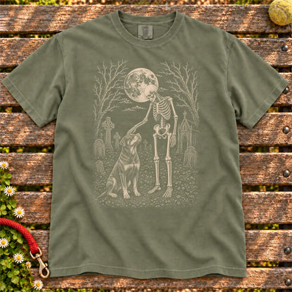 Rottweiler sharing a quiet cemetery moment with a friendly skeleton on a Moss Comfort Colors® T-shirt