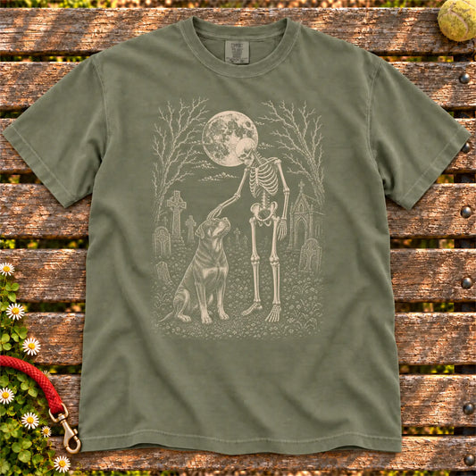 Rottweiler sharing a quiet cemetery moment with a friendly skeleton on a Moss Comfort Colors® T-shirt