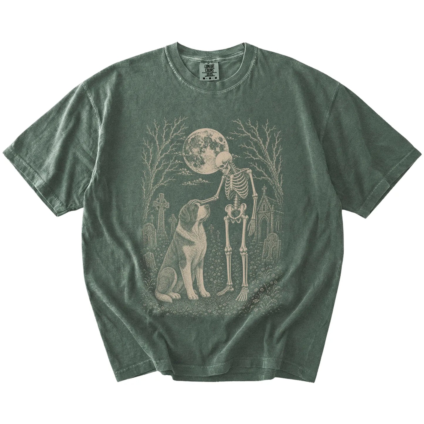 Saint Bernard sharing a quiet cemetery moment with a friendly skeleton on a Moss Comfort Colors® T-shirt