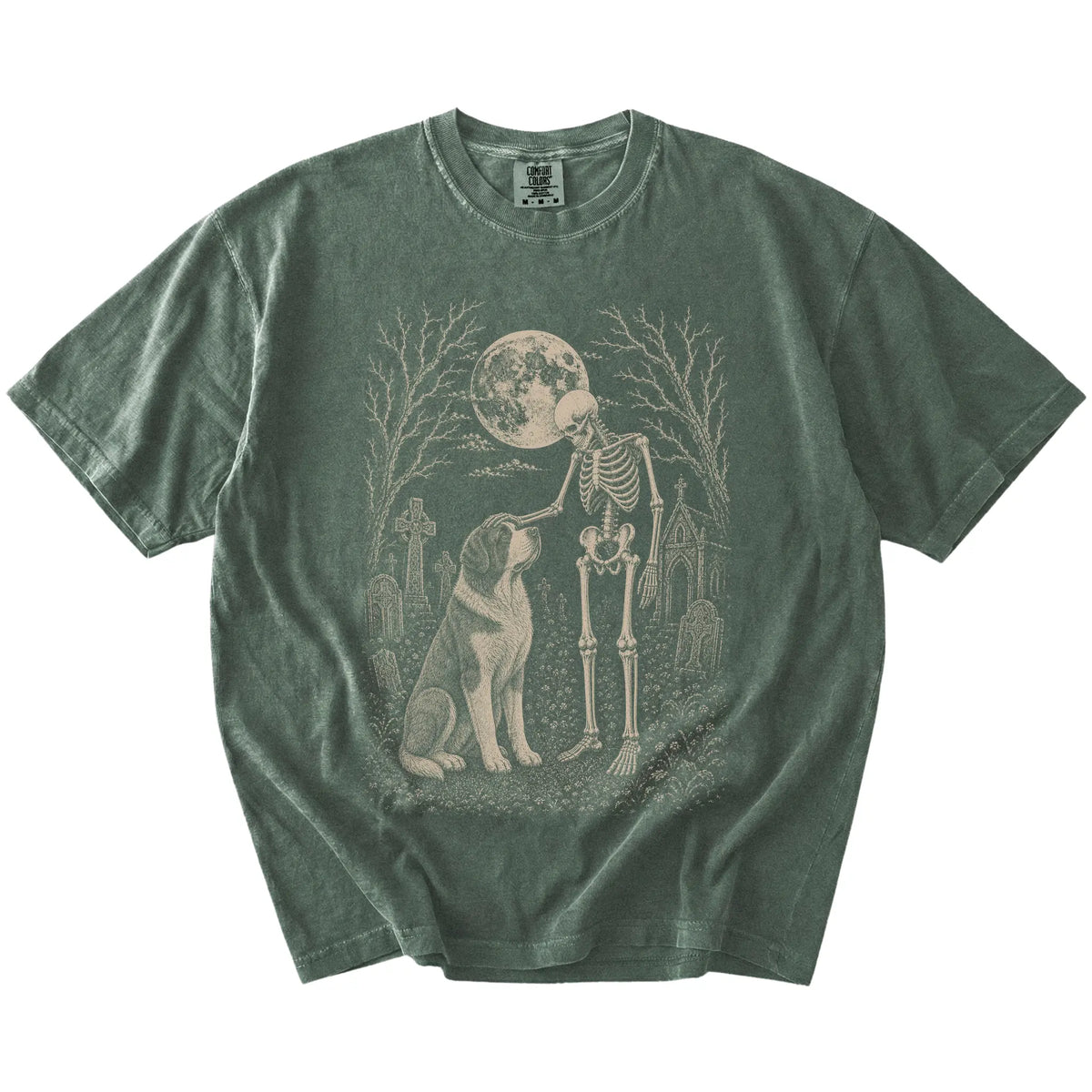 Saint Bernard sharing a quiet cemetery moment with a friendly skeleton on a Moss Comfort Colors® T-shirt