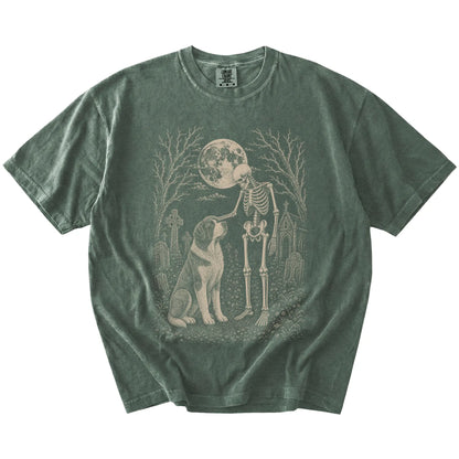 Saint Bernard sharing a quiet cemetery moment with a friendly skeleton on a Moss Comfort Colors® T-shirt