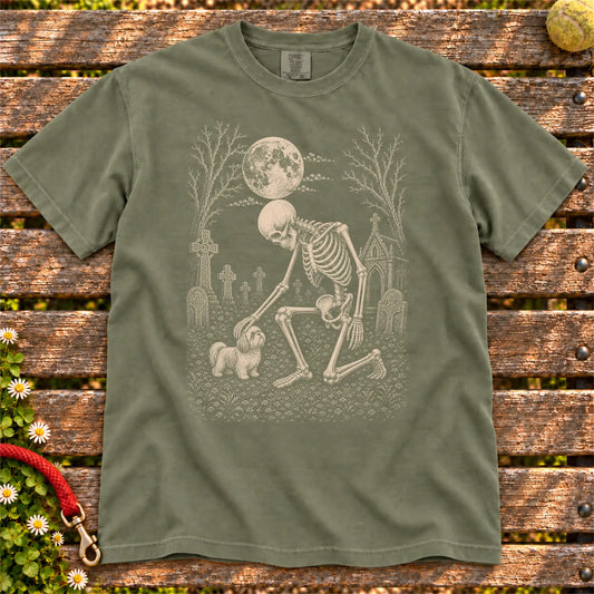 Shih Tzu sharing a quiet cemetery moment with a friendly skeleton on a Moss Comfort Colors® T-shirt
