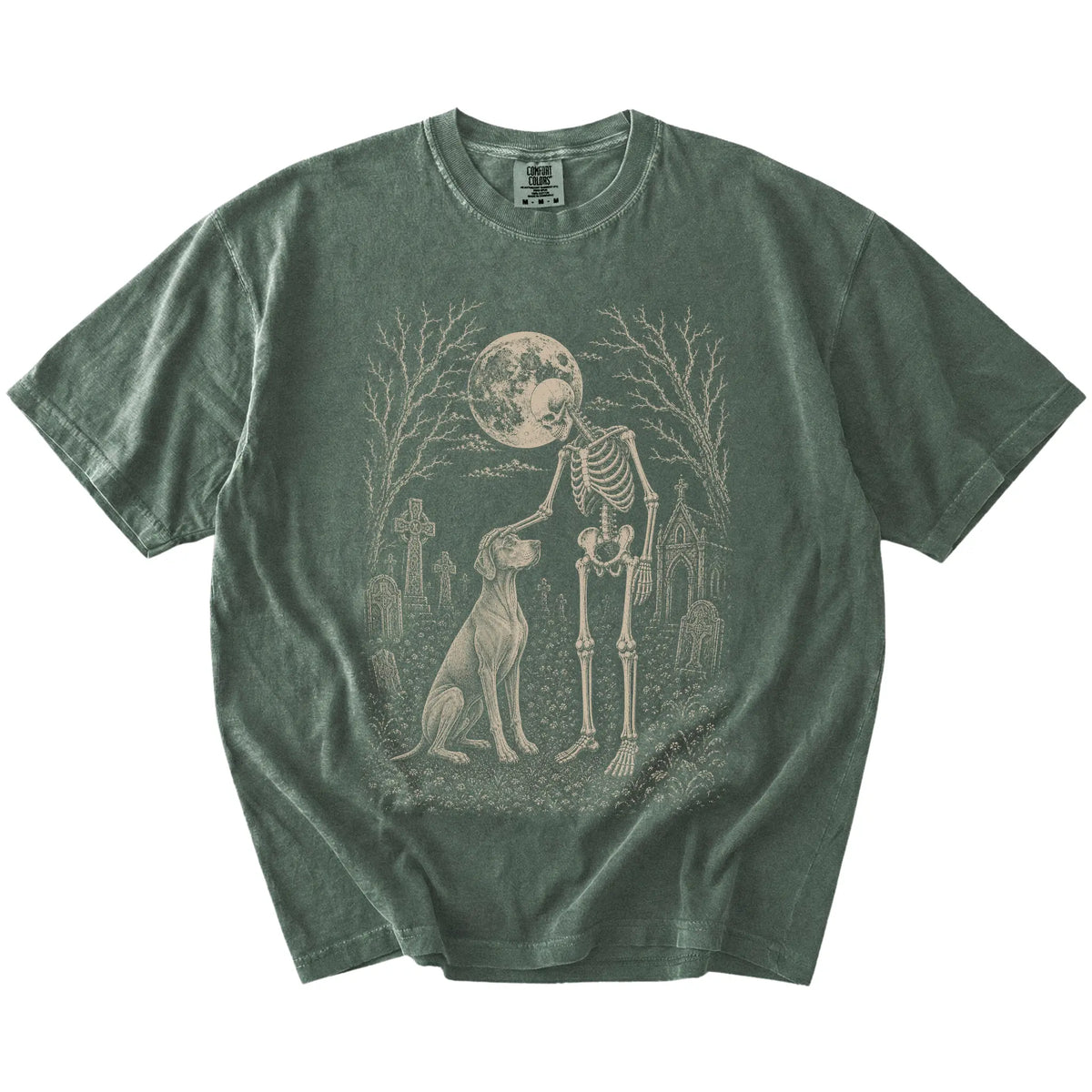 Vizsla sharing a quiet cemetery moment with a friendly skeleton on a Moss Comfort Colors® T-shirt
