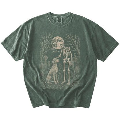 Vizsla sharing a quiet cemetery moment with a friendly skeleton on a Moss Comfort Colors® T-shirt