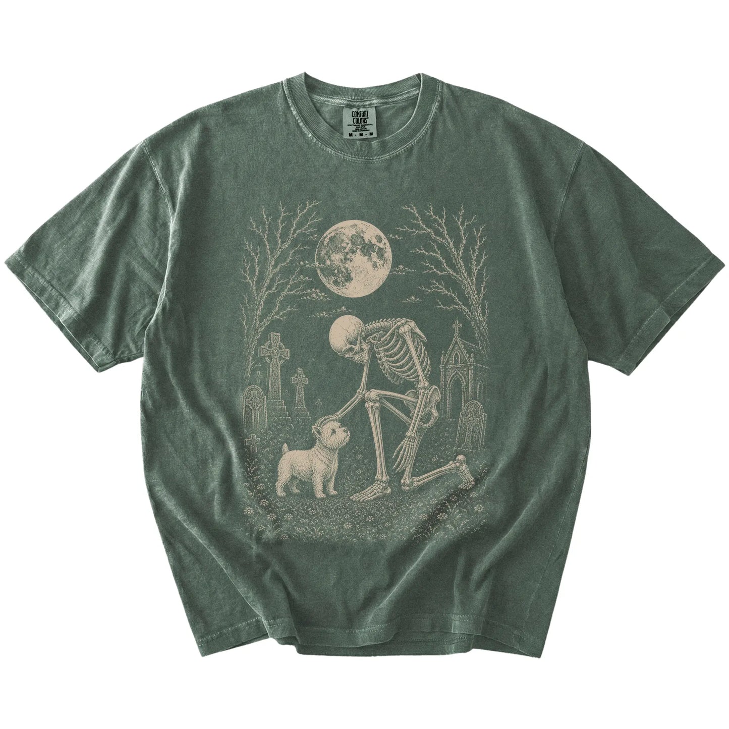 Westie sharing a quiet cemetery moment with a friendly skeleton on a Moss Comfort Colors® T-shirt