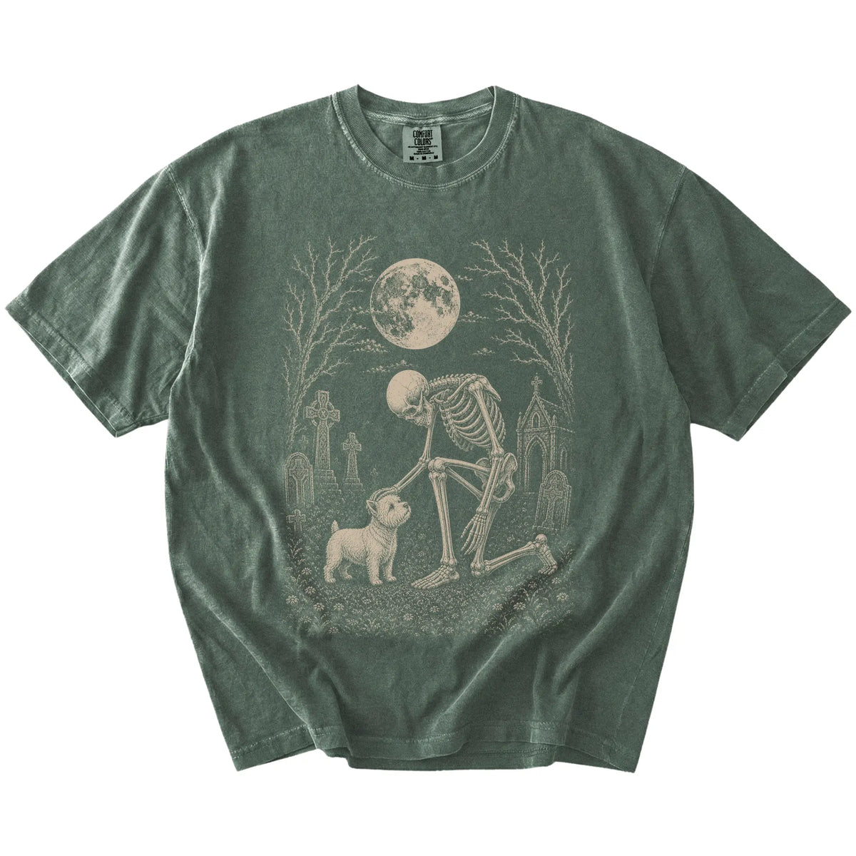 Westie sharing a quiet cemetery moment with a friendly skeleton on a Moss Comfort Colors® T-shirt