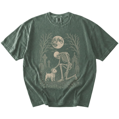 Westie sharing a quiet cemetery moment with a friendly skeleton on a Moss Comfort Colors® T-shirt