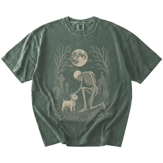 Westie sharing a quiet cemetery moment with a friendly skeleton on a Moss Comfort Colors® T-shirt