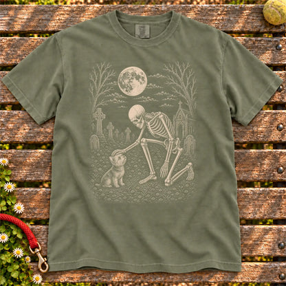 Yorkie sharing a quiet cemetery moment with a friendly skeleton on a Moss Comfort Colors® T-shirt