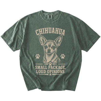 Chihuahua design with “Small Package, Loud Opinions” lettering on a Moss Comfort Colors® T-shirt
