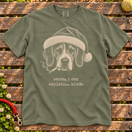 Beagle wearing a Santa hat and smoking on a Moss T-shirt