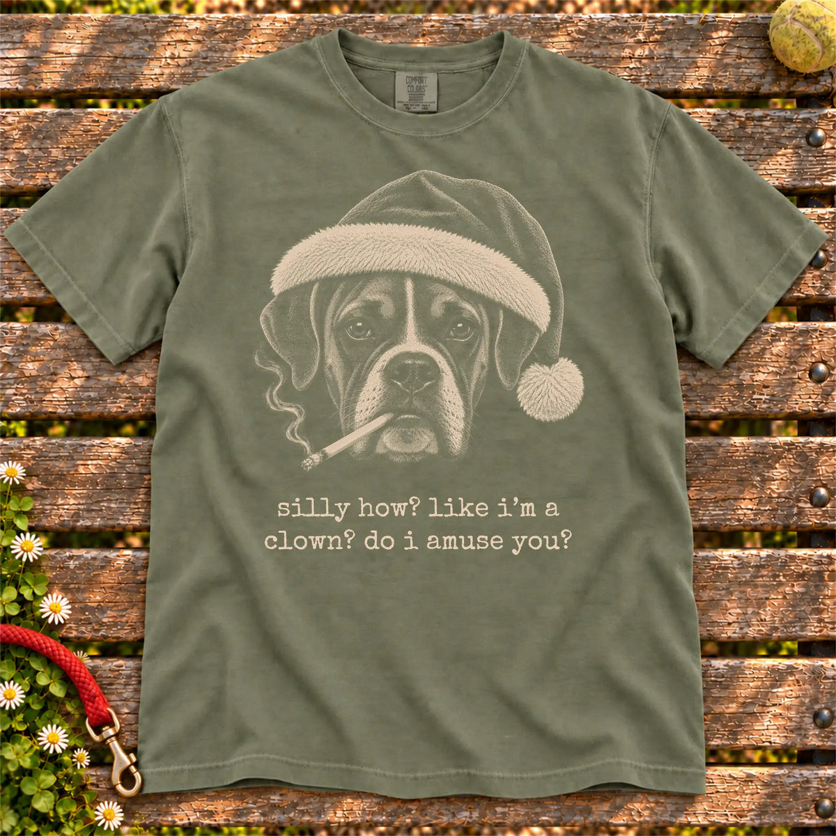 Boxer wearing a Santa hat and smoking on a Moss T-shirt