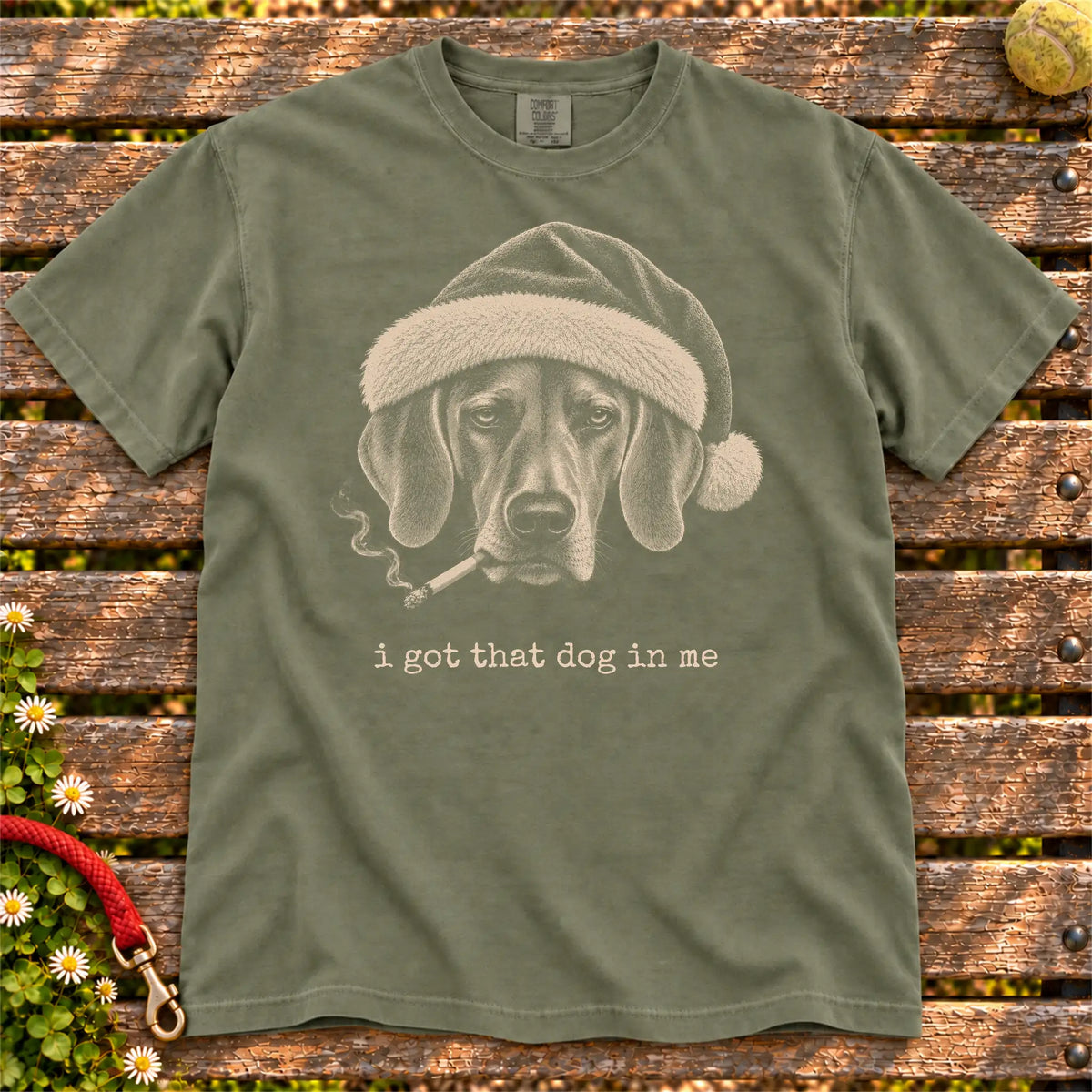 Dachshund wearing a Santa hat and smoking on a Moss T-shirt