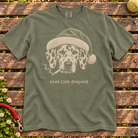 Dalmatian wearing a Santa hat and smoking on a Moss T-shirt