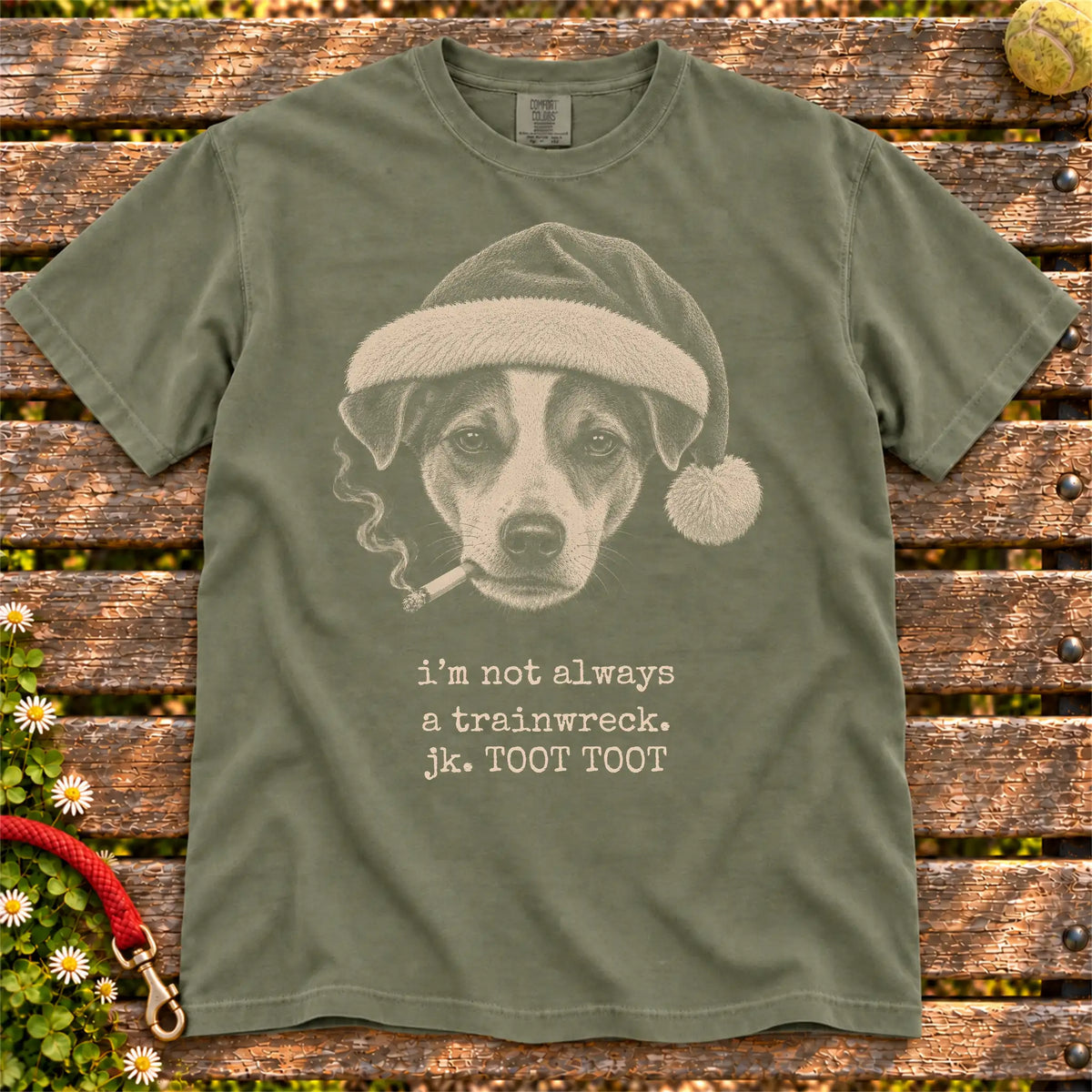 Jack Russell wearing a Santa hat and smoking on a Moss T-shirt
