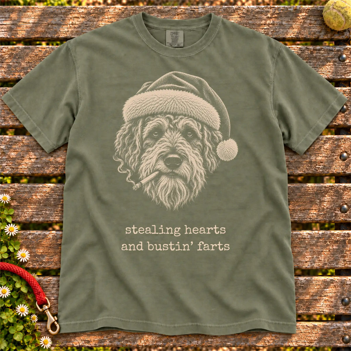Labradoodle wearing a Santa hat and smoking on a Moss T-shirt