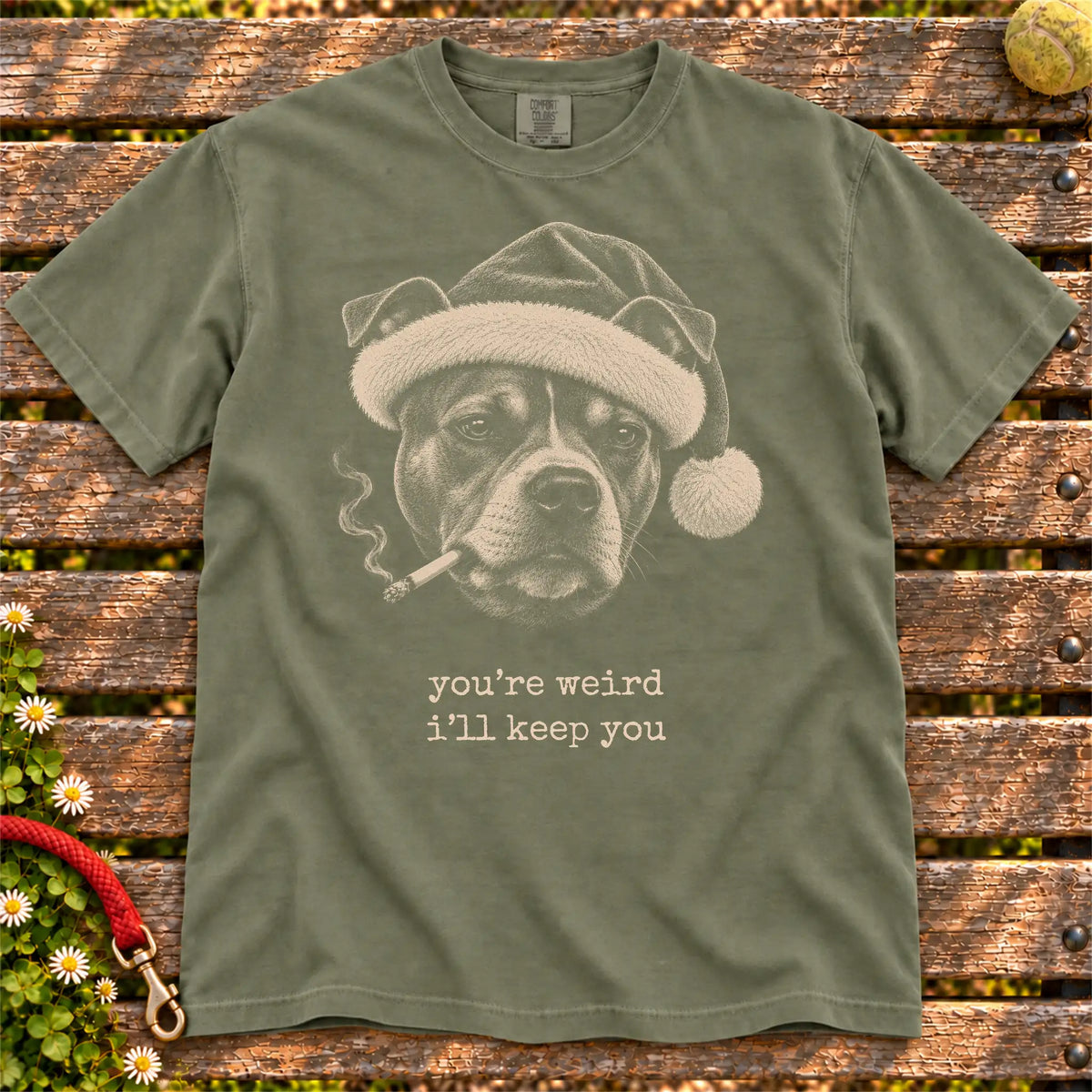 Pitbull wearing a Santa hat and smoking on a Moss T-shirt