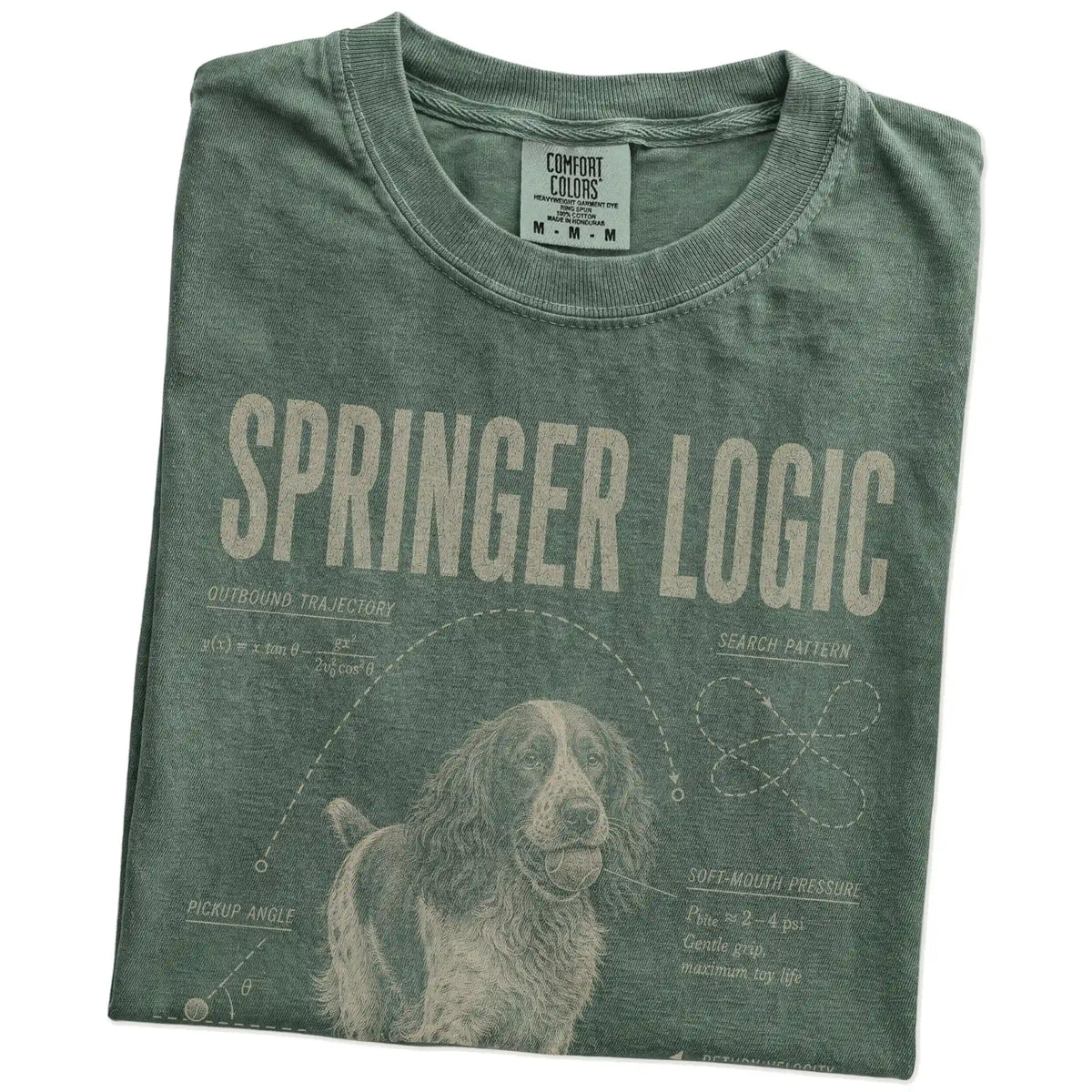 Folded Moss Springer Spaniel Logic T-Shirt showing the graphic