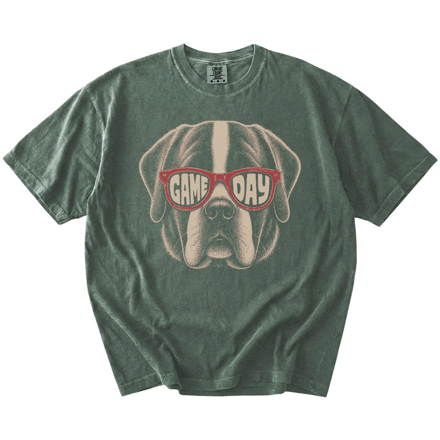 Saint Bernard wearing red Game Day sunglasses on a Moss Comfort Colors® T-shirt