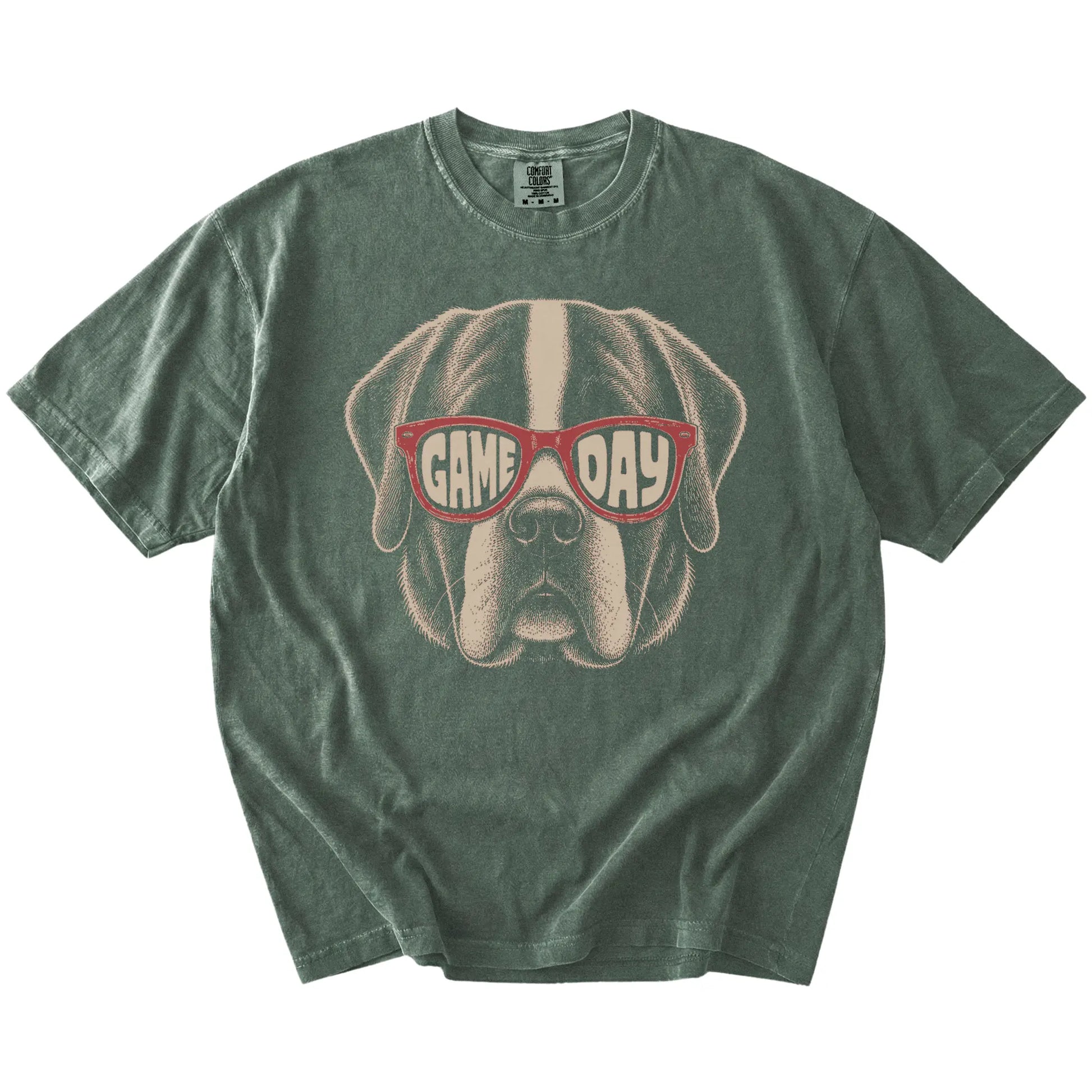Saint Bernard wearing red Game Day sunglasses on a Moss Comfort Colors® T-shirt