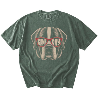 Saint Bernard wearing red Game Day sunglasses on a Moss Comfort Colors® T-shirt