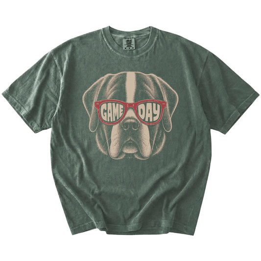 Saint Bernard wearing red Game Day sunglasses on a Moss Comfort Colors® T-shirt