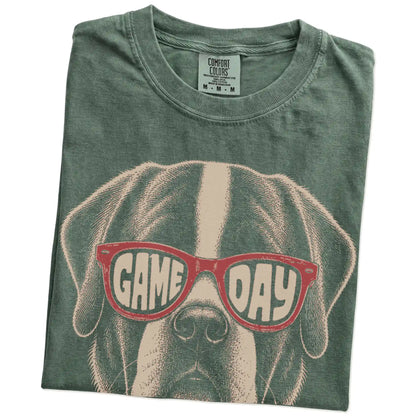 Folded Moss Comfort Colors® T-shirt showing saint bernard wearing red game day sunglasses