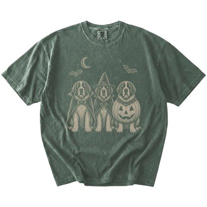 Three St Bernard dogs dressed for Halloween beneath bats and a crescent moon on a Moss Comfort Colors® T-shirt