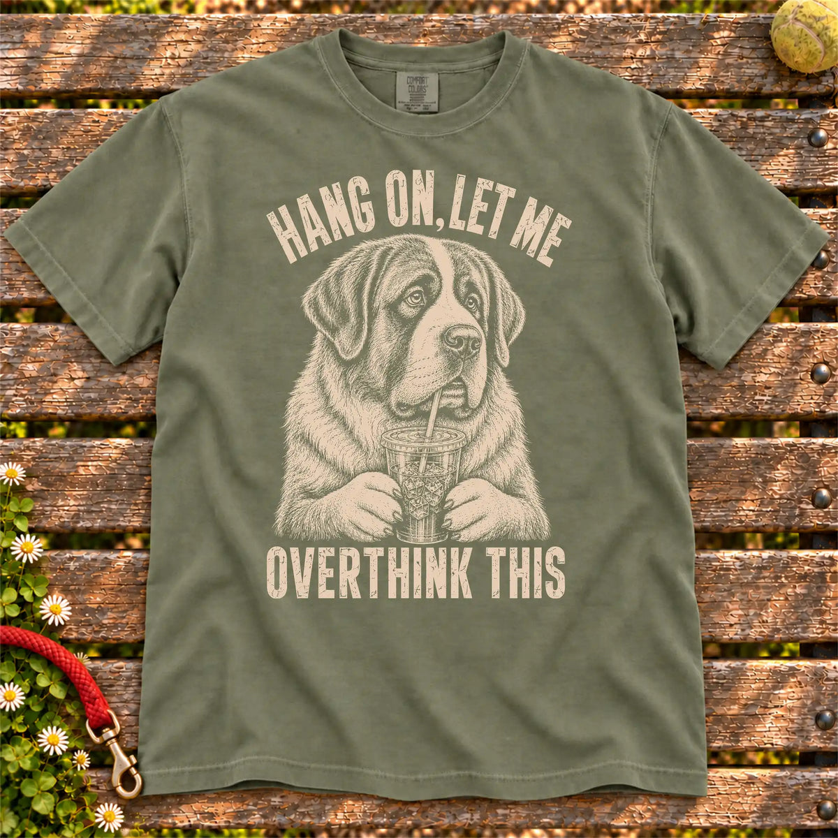 Overthinking St Bernard design on a Moss Comfort Colors T-shirt, shown flat