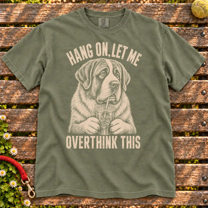 Overthinking St Bernard design on a Moss Comfort Colors T-shirt, shown flat