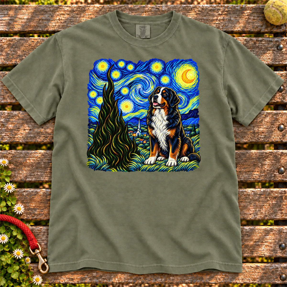 Colorful Bernese Mountain Dog beneath a swirling starry night sky on a Moss T-shirt