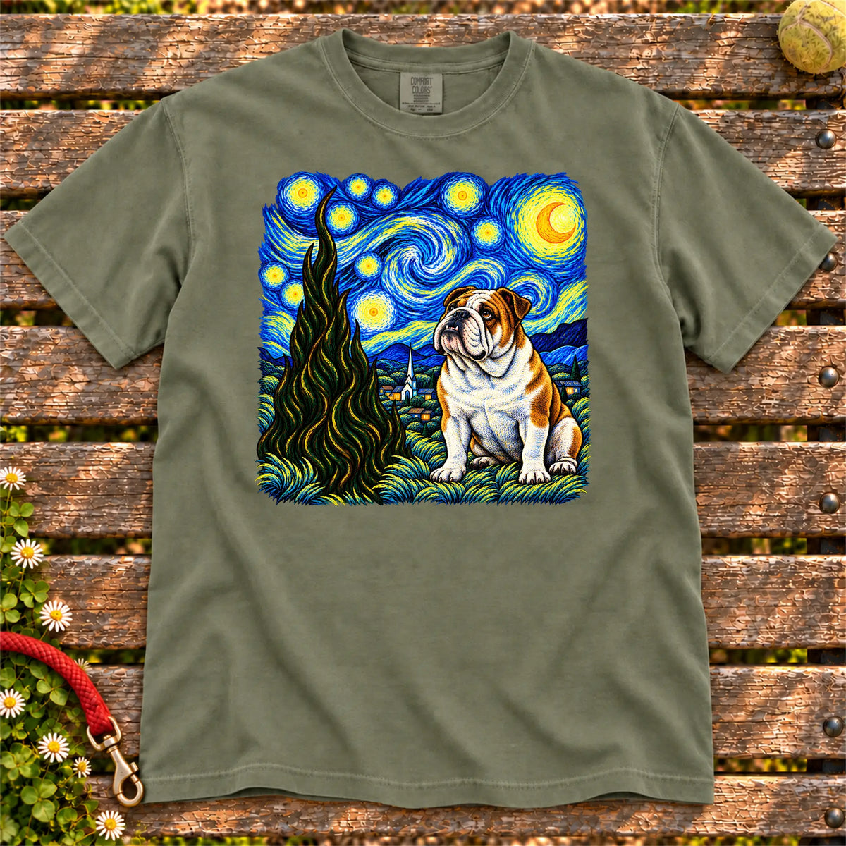Colorful English Bulldog beneath a swirling starry night sky on a Moss T-shirt