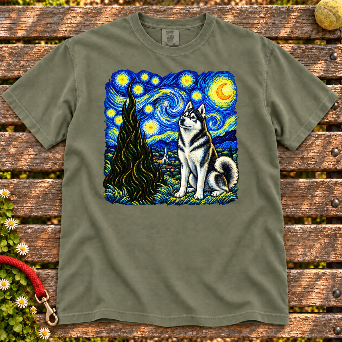 Colorful Husky beneath a swirling starry night sky on a Moss T-shirt
