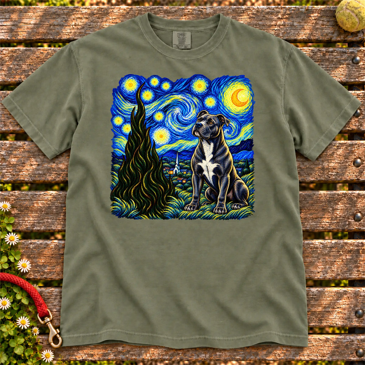 Colorful Pitbull beneath a swirling starry night sky on a Moss T-shirt