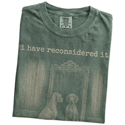 Folded Moss Comfort Colors® T-shirt showing “the answer is still no” vizsla design