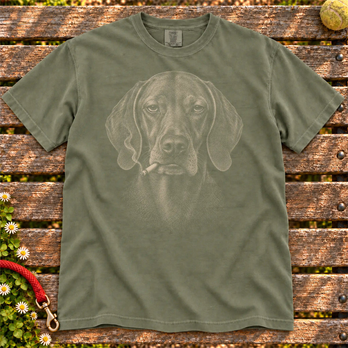 Vizsla smoking design on a Moss t-shirt