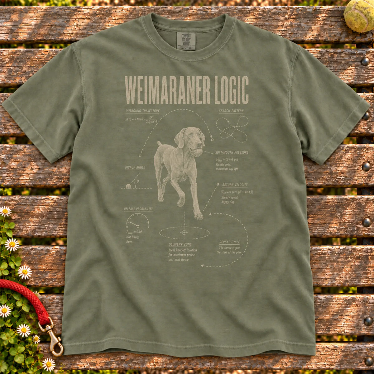 Weimaraner Ball Logic design on a Moss Comfort Colors T-shirt, shown flat