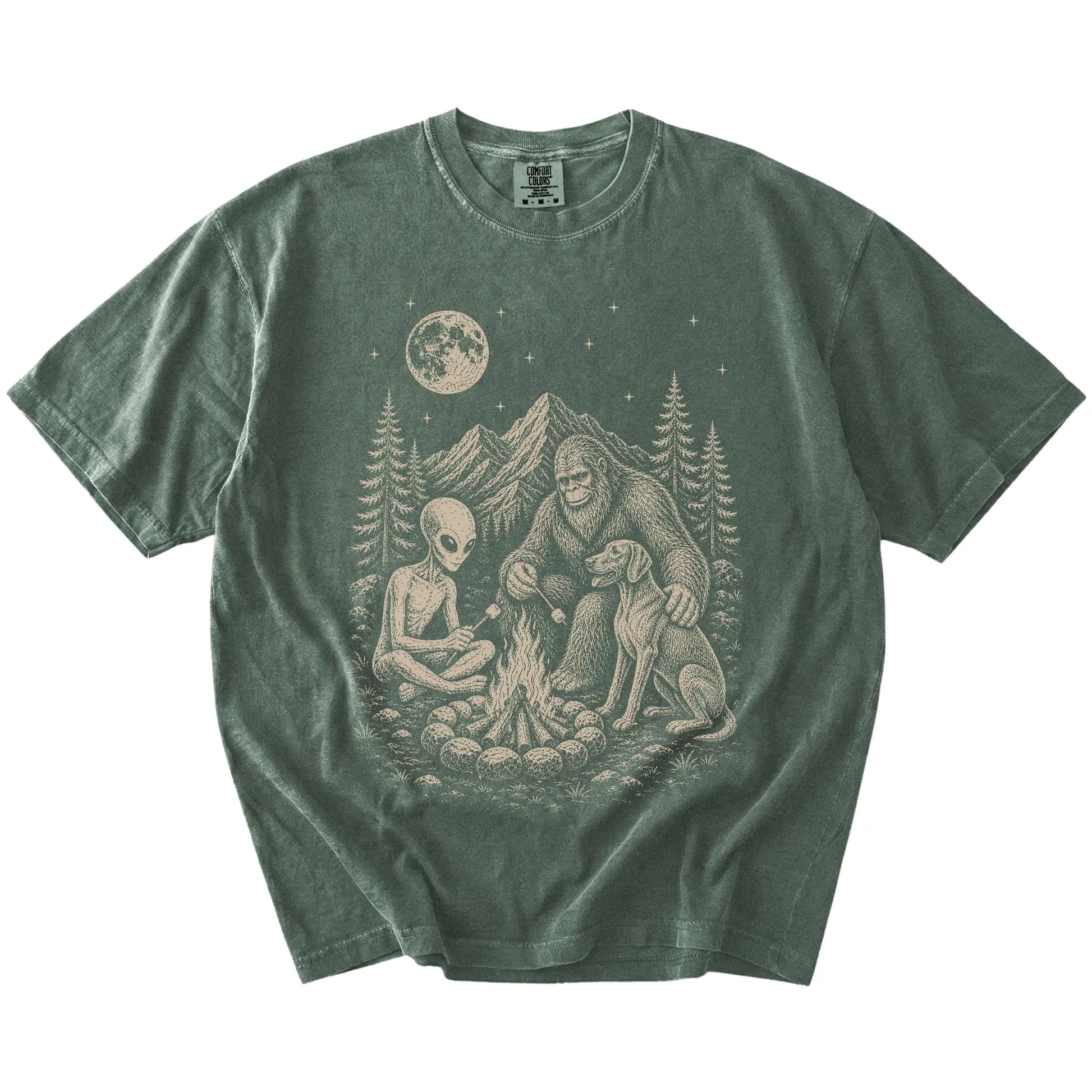Weimaraner camping with Bigfoot and an alien on a Moss Comfort Colors® T-shirt