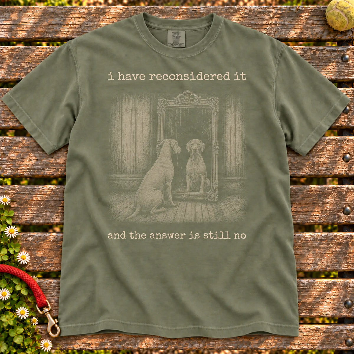 Antisocial Weimaraner design on a Moss Comfort Colors T-shirt, shown flat
